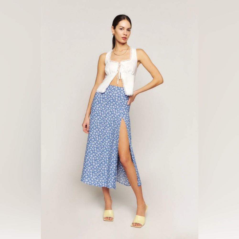 Reformation Zoe Skirt in Azzurro light blue with floral & slit